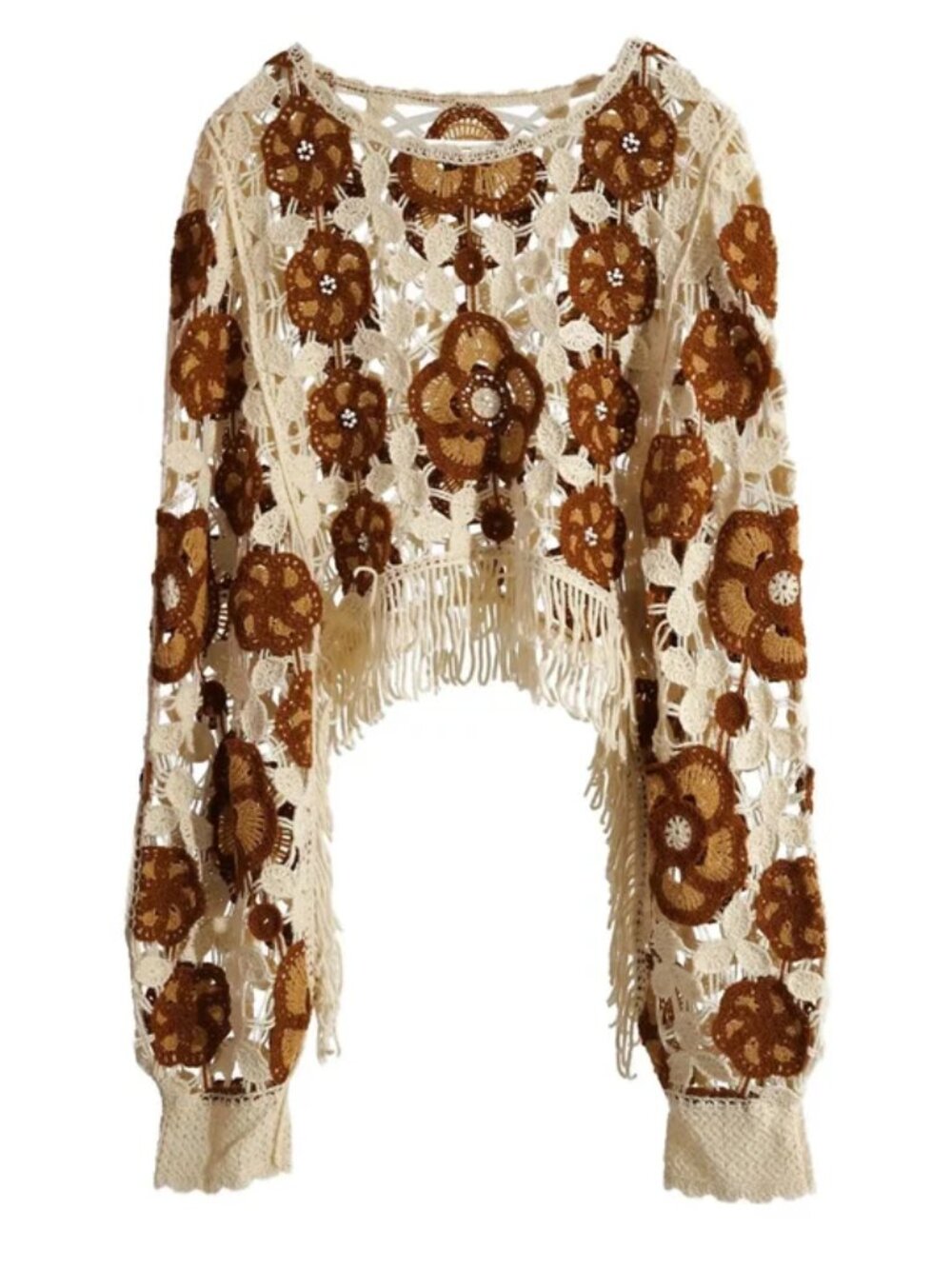 Cape Robin Anita Crochet Knit Crop Sweater Top Long Sleeve Floral Cream